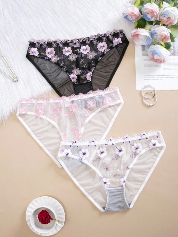 SHEIN Set de 3 bragas de talla grande con bordado floral romántico de malla