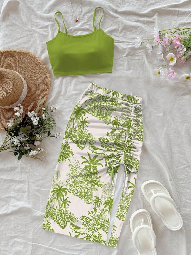 Soleia 两件套休闲棕榈树小屋印花露脐吊带背心和半身裙套装，适合夏季度假热带风情两件套夏季两件套热带服饰热带印花两件套棕榈树两件半身裙套装热带度假服饰 - 綠色 - 查看 1