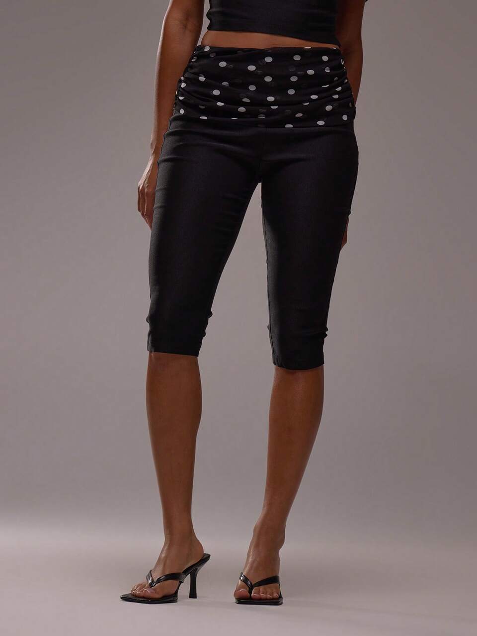 Polka Dot Mesh Panel Fitted Stretch Woven Capri Pants Back To School Cute Elegant Coolgirl Sexy Old Money Summer Casual