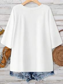 EMERY ROSE 休闲彩色爱心印花V领短袖T恤，适合大码女装，夏季、返校、返校节、夜间外出等场合，爱心图案V领上衣，女士假日/春季花卉/度假/春日必备单品 - 彩色 - 查看 2