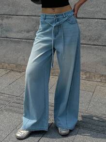 DAZY Vintage Blue Lace-Up High Waist Wide Leg Jeans For Women, Versatile - Light Wash - View 4