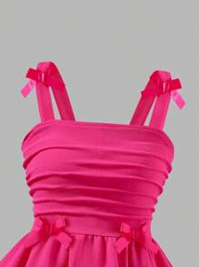 Elladie kids Tween Girls' Elegant Solid Color 3D Full Body Ribbon Bow Pleated Strap Dress, Popular For Party, Spring/Summer New Arrival - Hot Pink - View 4