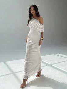 Aloruh 女士优雅纯色不对称领连衣裙