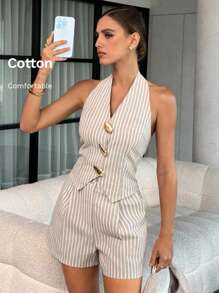 Lavishia Bộ 2 áo crop top hở vai và quần short họa tiết sọc kim loại thường ngày cho nữ - Nhiều màu - Xem 4