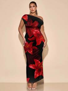 SHEIN BAE 加大码不对称肩热带花卉印花休闲连衣裙，优雅度假风格，适合返校季和夏季 - 彩色 - 查看 4