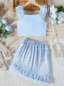 2pcs/Set Tween Girl Ruffle Trim Sleeveless Casual Top And Mini Skirt Set