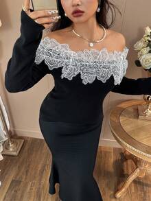 SHEIN Clasi Pull ajusté à épaules dénudées avec patchwork en dentelle et blocs de couleurs, grande taille - Noir - Voir 5