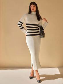 CLARA VERO Abito maglia dolcevita casual a righe nere e beige, morbido e confortevole - Bianco e nero - Visualizzare 5