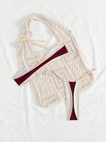 Swim SXY 女式撞色装饰吊带可拆卸肩带丁字裤比基尼套装，性感两件套泳衣 - 彩色 - 查看 6