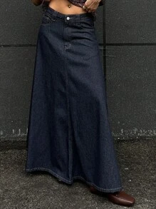 Livesso 女士纯色简约休闲牛仔半身裙 - 藍色 - 查看 6