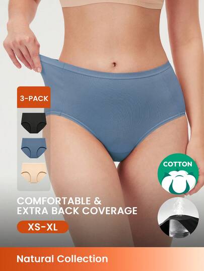LUVLETTE 3-Pack Airy Cotton Basics High Waist Briefs Women Underwear Panties Set-Shades Of Blue Also Suitable For Teen Girl & Young