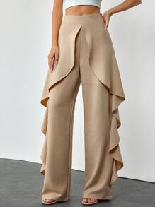 EURMUSE Quần dài cạp cao có khóa kéo, xếp nếp, dáng rộng thoải mái/thanh lịch cho kỳ nghỉ hè - Màu be - Xem 2