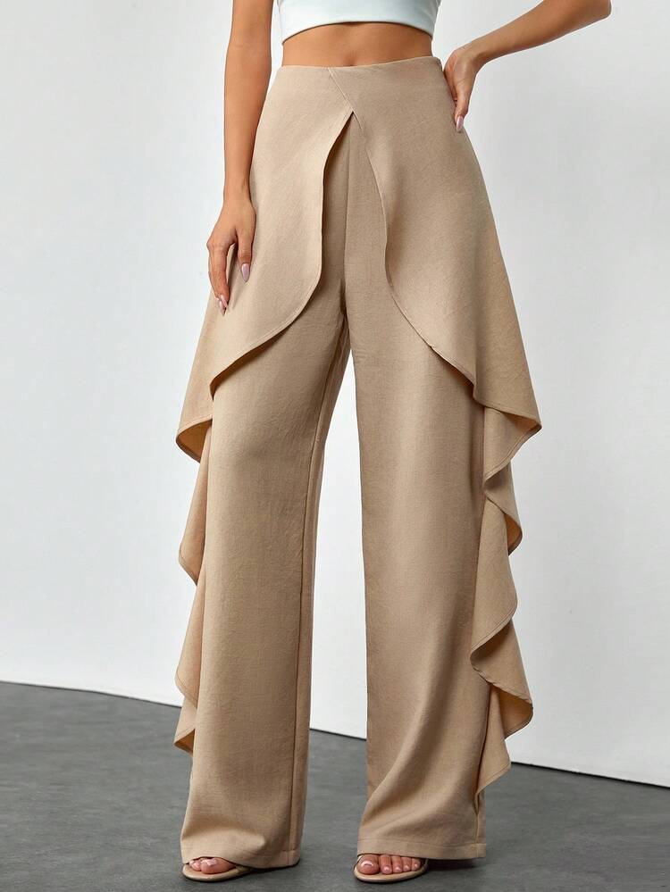 EURMUSE 高腰拉链裹身荷叶边长裤夏季假日休闲/优雅宽松裤裙裤 - 米色 - 查看 2