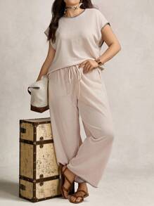 Zelara Plus Size Women 2Pcs Set Contrast Color Ruffle Short Sleeve Top & Wide Leg Linen Pants,Beige,Summer,Casual,Curve,Loungewear Outfit Old Money Style - Apricot - View 4