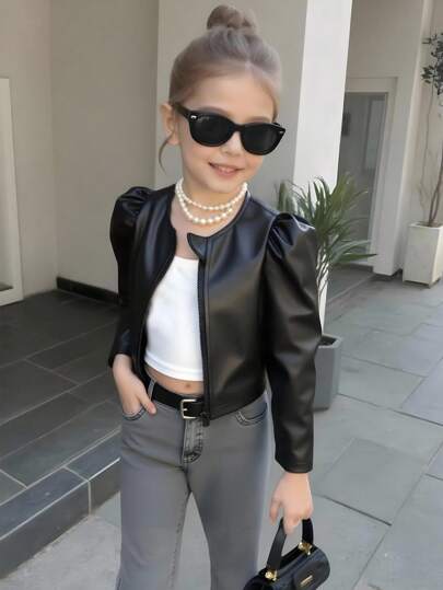 Elladie kids Black Short PU Leather Jacket For Girls With Round Neck And Long Puff Sleeves Jacket For Teen Girl Cropped Jacket Teen Biker Jacket For Girls Leather Outfits For Girls Girl Jacket Suit Fall Winter