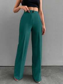 EURMUSE Women Solid Color Button Front Straight Leg Pants - Green - View 6