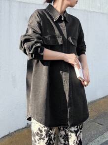 FRIFUL 女士纯色休闲长袖牛仔衬衫、牛仔夹克、秋季女装 - 灰色 - 查看 5