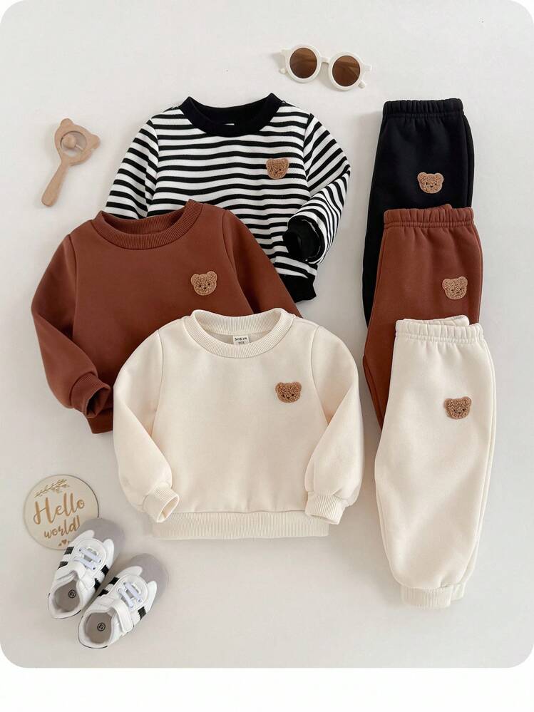 SHEIN Set de 3 pantalones de chándal con forro térmico y parches de oso lindo para bebé niño (sin sudaderas), cómodo y versátil para uso casual diario, adecuado para interiores, exteriores, esquí, deportes, fiestas, sesiones de fotos, festivales, ropa de calle, chándal, joggers, Navidad, Año Nuevo - Multicolor - Añade 1