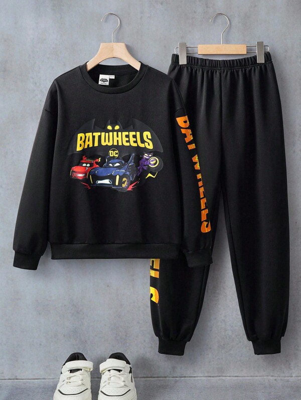 Batwheels X SHEIN 2pcs Tween Boy Letter & Cartoon Graphic Crew Neck Sweatshirt And Elastic Waist Sweatpants Set