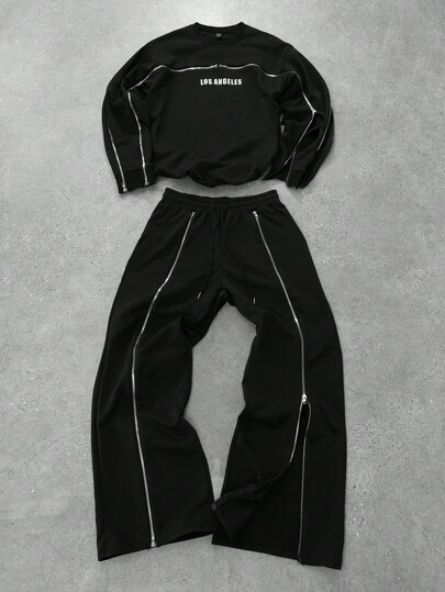 Manfinity EMRG Conjunto de sudadera con cremallera y pantalón con gráfico de letras americanas para hombre, adecuado para uso casual, ropa urbana, transporte diario. Conjunto de 2 piezas de chándal negro para hombre, conjunto de jogger, conjunto coordinado para hombre, ropa de otoño