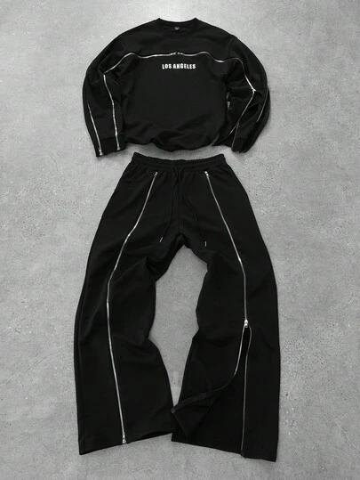 Manfinity EMRG Men's American Letter Graphic Zip Decor Black Sweatshirt & Pants Set, Suitable For Casual, Streetwear, Daily Commute Men 2 Pieces Set Black Sweatsuit Set Men Jogger Set Men Co-Ord Set Tracksuit Men 2 Pieces Set Black Co Ord Set Men 2 Pieces Set Co Ord Set Men Jogger Set Men Sweatsuit Set Men Co Ord Set Men Sweatsuit Set, Fall Clothes