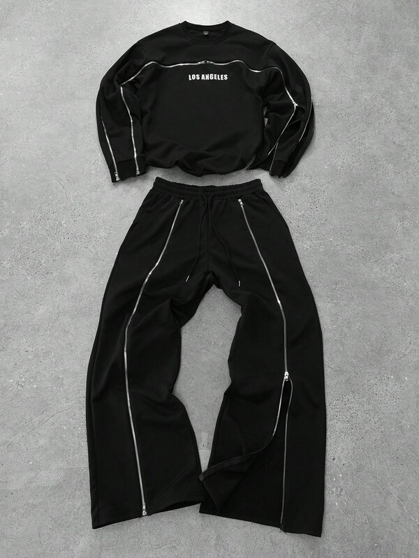 Manfinity EMRG Conjunto de sudadera con cremallera y pantalón con gráfico de letras americanas para hombre, adecuado para uso casual, ropa urbana, transporte diario. Conjunto de 2 piezas de chándal negro para hombre, conjunto de jogger, conjunto coordinado para hombre, ropa de otoño