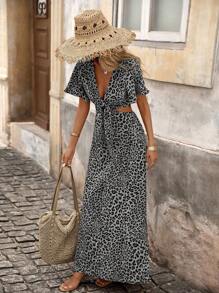 Brillora 女式编织豹纹腰部镂空短袖修身连衣裙 - 黑與白 - 查看 4