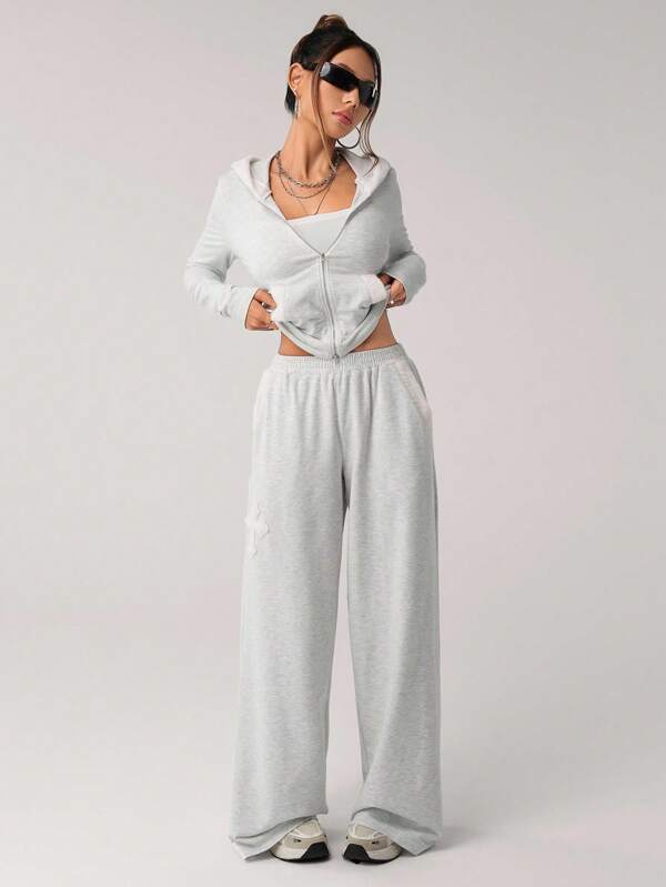 SHEIN ICON 2 pièces Ensemble de sweat-shirt à capuche ajusté avec décor croisé en couleur contrastée et pantalon ample