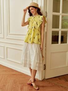 SHEIN Clasi 2025 Summer French Ruffle Collar Ditsy Floral Short Sleeve Blouse,Yellow Boho Tea Party Holiday,Suitable For Dates,Outings,Vacations,Banquets,Weddings - Yellow - View 3