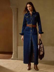 MOTF PREMIUM BUTTON UP SLANT POCKET DENIM DRESS