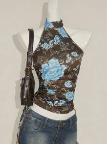 SHEIN ICON Y2K 夏季外出波西米亚西部乡村音乐会女式性感露背花卉印花挂脖上衣，夏季 - 棕色 - 查看 1