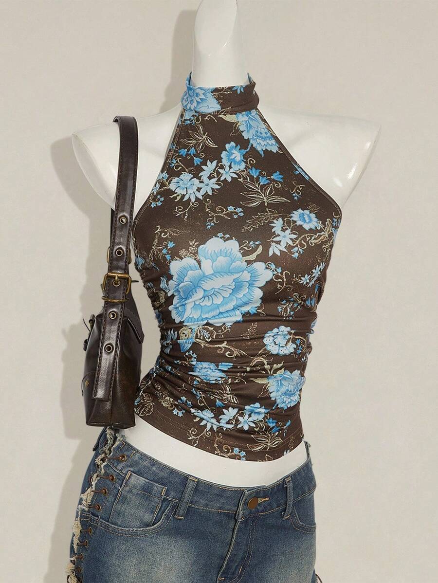 SHEIN ICON Y2K 夏季外出波西米亚西部乡村音乐会女式性感露背花卉印花挂脖上衣，夏季 - 棕色 - 查看 1