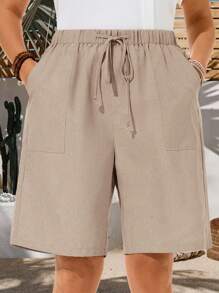 EMERY ROSE Plus Size Women's Summer Solid Color Bermuda Shorts, Solid Color Side Pockets, Loose Knee-Length Mid-Waist, Basic Fashion