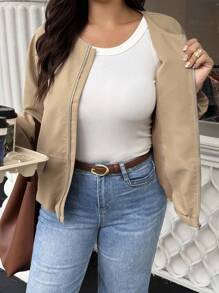 SHEIN LUNE Áo khoác trơn màu thường ngày cỡ lớn - Màu Khaki - Xem 8