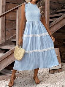 LanaWest 度假休闲条纹蕾丝边无袖连衣裙 - 藍色 - 查看 3