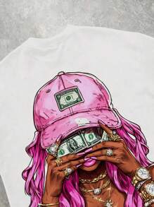 SHEIN EZwear 休闲复古风格粉色肖像图案圆领宽松女式 T 恤，情侣装，复古，休闲，性感，可爱，Y2K，椰子女孩，波西米亚风，度假，春假，早午餐，女生旅行，霓虹海滩氛围，波西米亚风，嬉皮士风，音乐节，适合夏季 - 彩色 - 查看 3