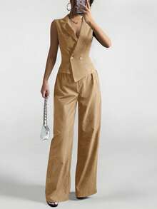 SHEIN PETITE Bộ trang phục thu hai mảnh 2 món/bộ dành cho nữ Áo không tay màu trơn và quần dài - màu nâu - Xem 8