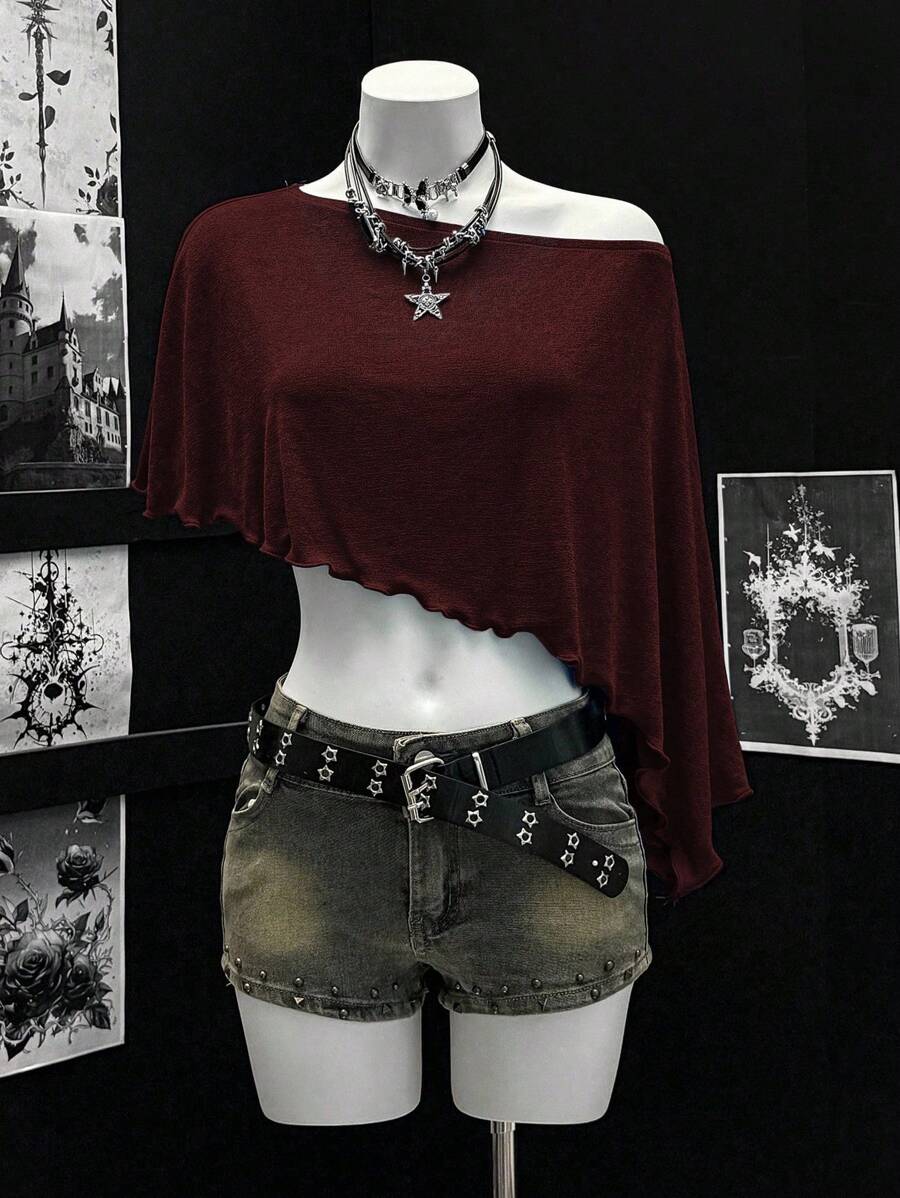 EgrlEra Comfortable Unique Fabric Asymmetrical Shoulder Vacation Style Top - Burgundy - View 1