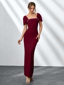 Elegant Style, Square Neck With Faux Diamond Detailed Long Black Dress - Burgundy - View 5