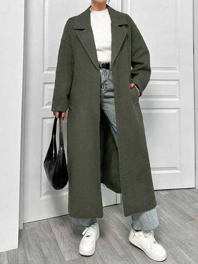 EURMUSE Lapel Neck Double Breasted Slant Pocket Waist Belt Tie-Up Woolen Overcoat Office Everyday Olive Green Autumn Casual Elegant