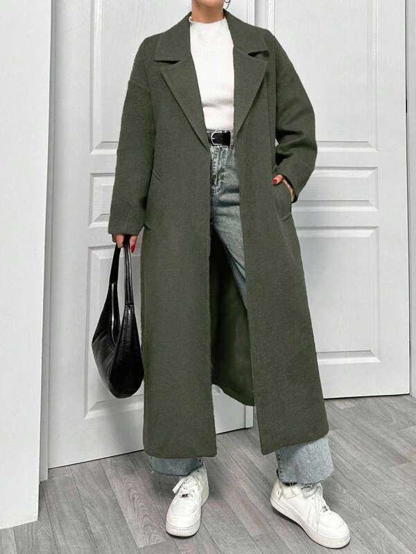 EURMUSE Abrigo de lana con cuello de solapa, doble botonadura, bolsillos en diagonal, cinturón de cintura y corbata