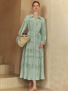Arave 纯色棉质褶皱荷叶边领全纽扣装饰长款泡泡袖系带宽松休闲沙滩度假连衣裙，适合女士，春夏秋季 - 綠色 - 查看 6