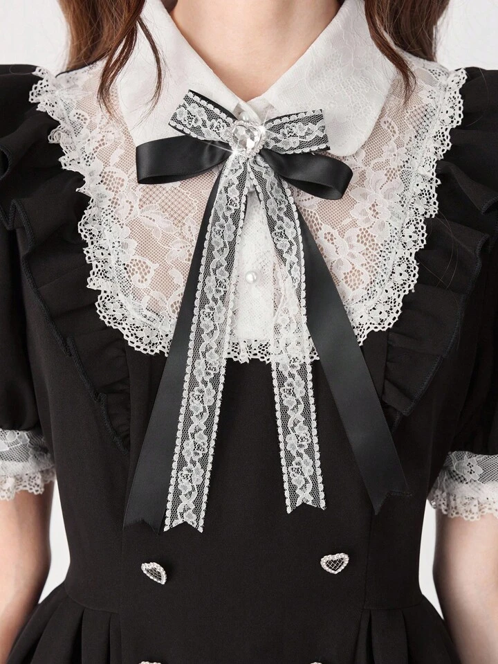 Our EDITION Women's Cute Princess College Style Contrast Color Lace  Patchwork Peter Pan Collar Delicate Accessory Decor Puff Sleeve Pleated  Dress is such a vibe - ROMWE