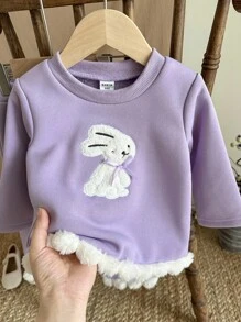 SHEIN 女宝宝休闲可爱兔子刺绣毛绒下摆圆领长袖针织上衣和喇叭裤套装，秋冬 - 紫色 - 查看 5