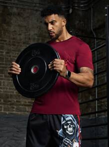 Gym Rark Kaos Olahraga Pria Lengan Pendek Leher Bulat Warna Merah dengan Motif Banteng - Burgundy - View 3