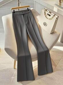 Selianne 女士优雅修身腰部设计喇叭裤，纯色休闲裤 - 深灰色 - 查看 1