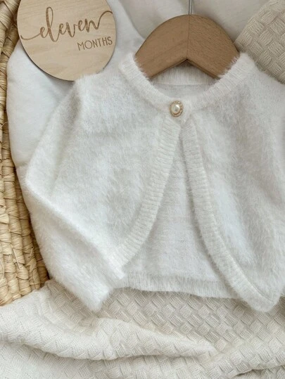 Baby Girl Cute Solid Color Fluffy Knitted Short Cardigan, Autumn/Winter