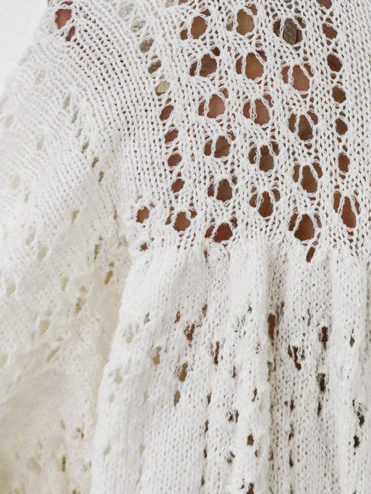 Women's Solid Color V-Neck Cutout Long Sleeve Hollow Out Knit Top White Eyelet Top White Knit Top Eyelet Top For Women Long Sleeve Summer Top Summer Sweaters For Women