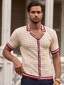 Manfinity VCAY Camisa de punto de manga corta para hombre, cuello polo, perforada de dos colores, suéter ajustado de moda personalizado, camisas de ganchillo para hombre, camisa de punto para hombre, camisa retro para hombre, camisa de punto para hombre, camisa de resort para hombre, para otoño e invierno - Albaricoque - Ver 4