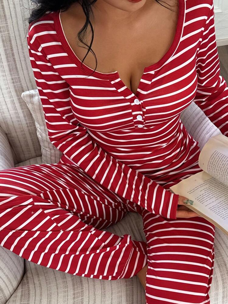 Dream Adore Ensemble pyjama femme à rayures rouges et blanches avec haut à manches longues et pantalon, boutons devant, décontracté, vêtements d'automne